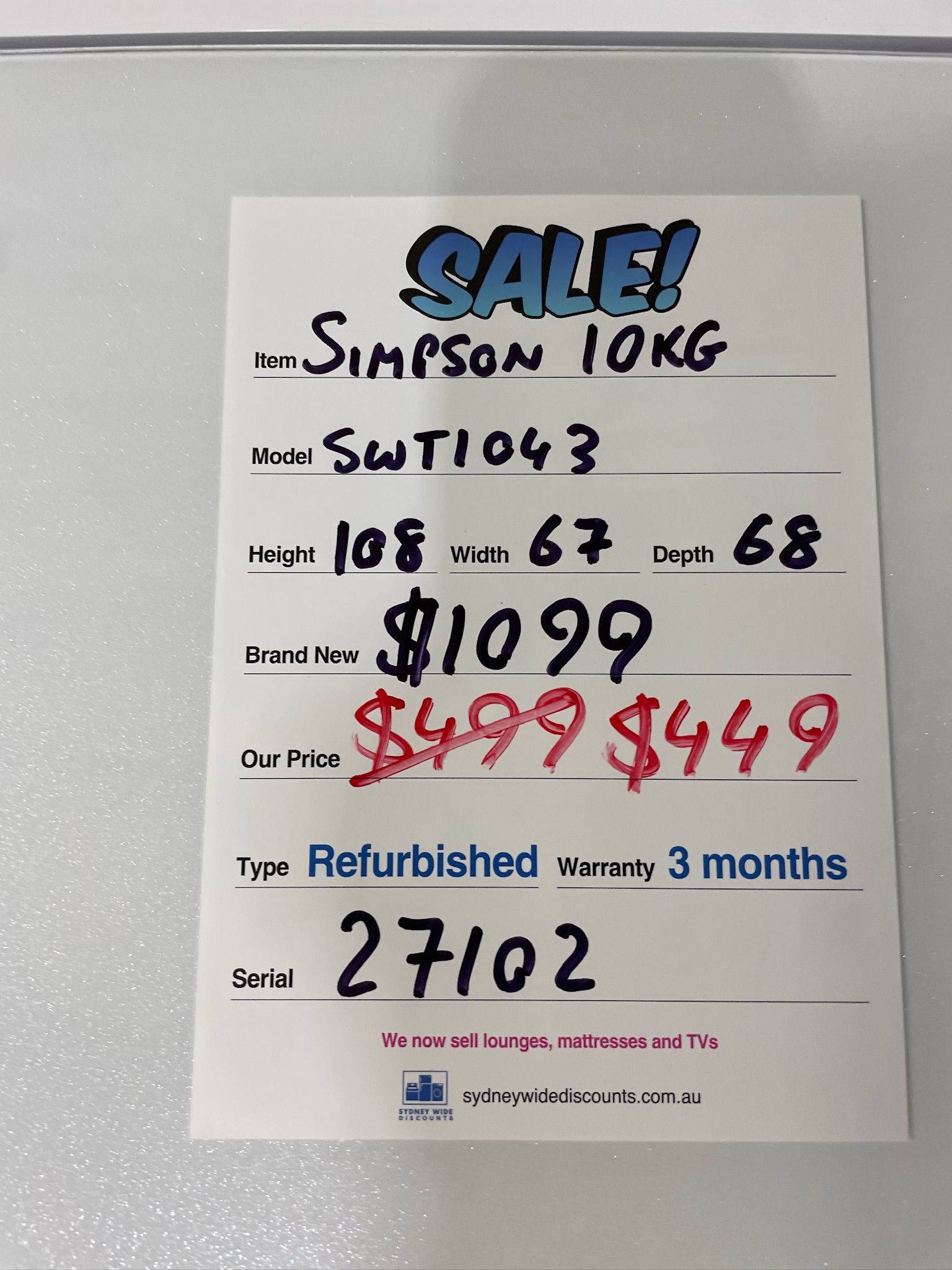 Simpson 10kg Top Load Washing Machine - Refurbished 27102 - Image 4