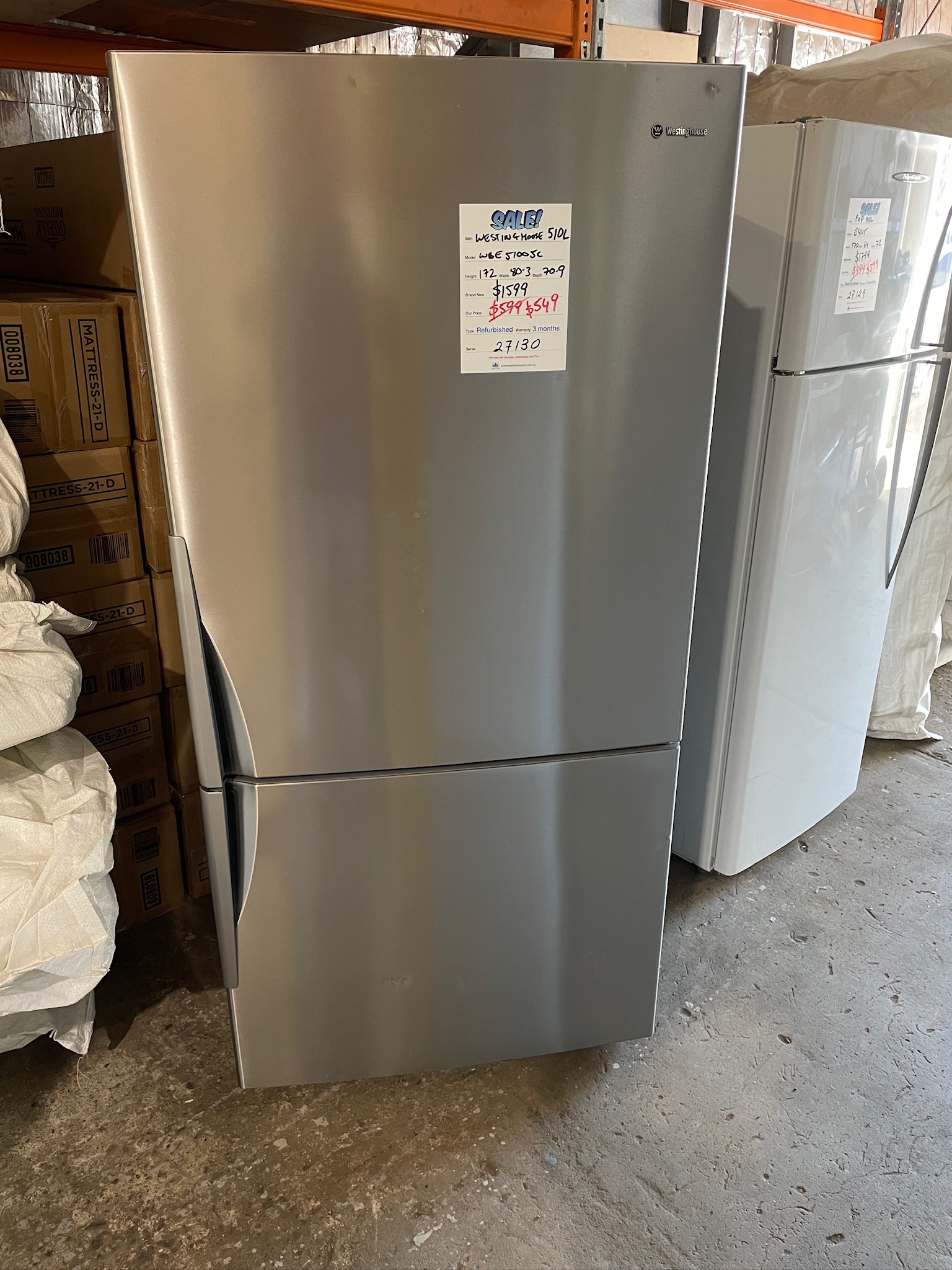 Westinghouse 510L Silver Bottom Mount Fridge Freezer - Refurbished 27130