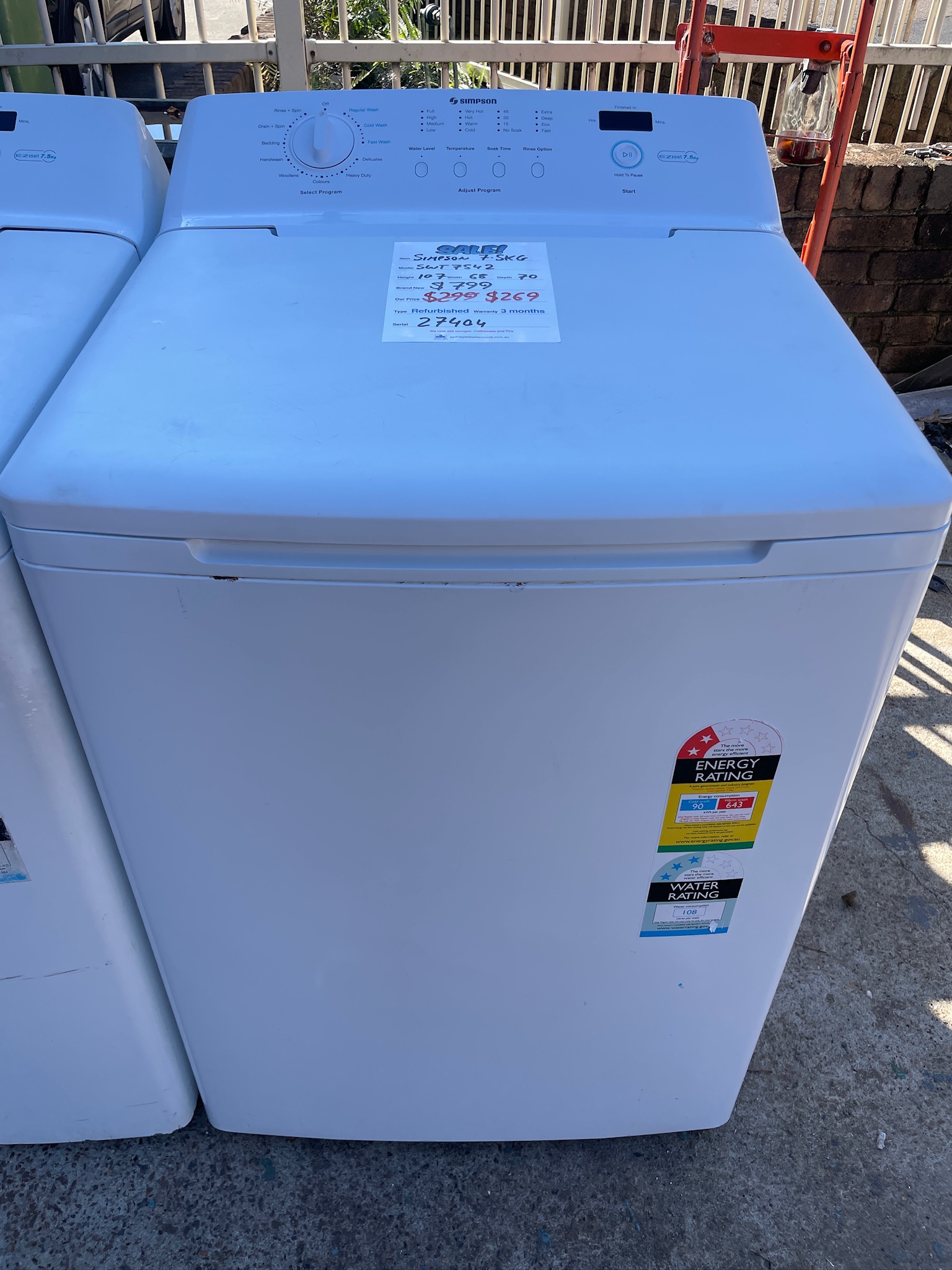 Simpson 7.5kg Top Load Washing Machine - Refurbished 27404