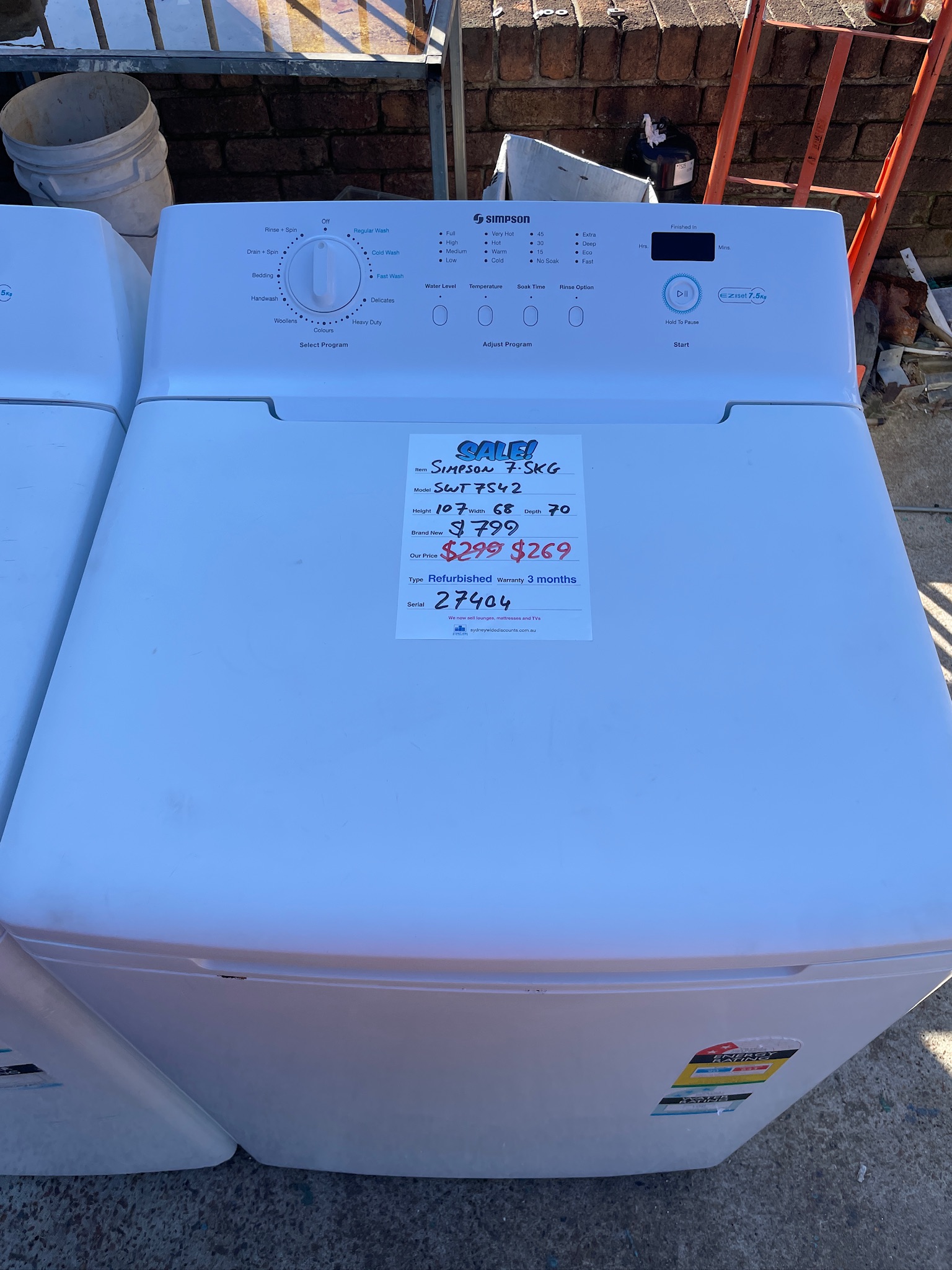Simpson 7.5kg Top Load Washing Machine - Refurbished 27404 - Image 3