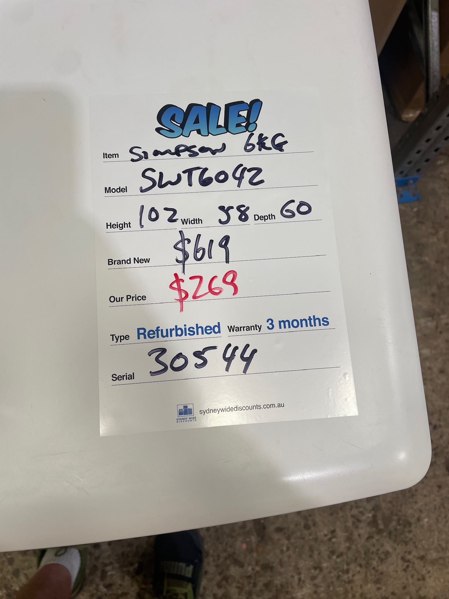 Simpson 6kg Top Load Washing Machine - Refurbished 30544 - Image 3