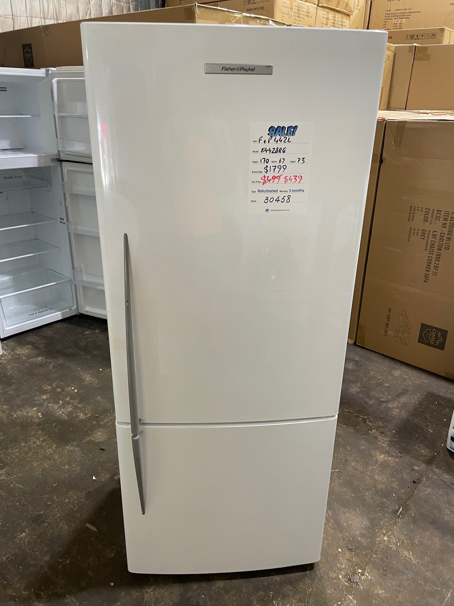 Fisher & Paykel 442L White Bottom Mount Fridge Freezer - Refurbished 30458