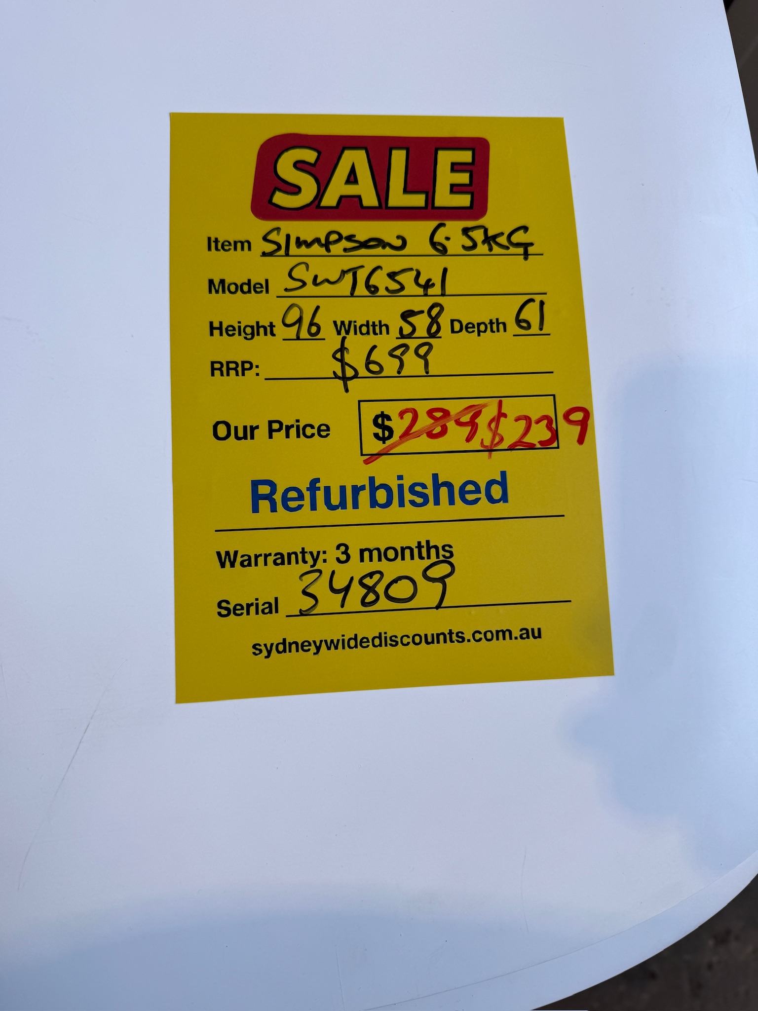 Simpson 6.5kg Top Load Washing Machine - Refurbished 34809 - Image 3
