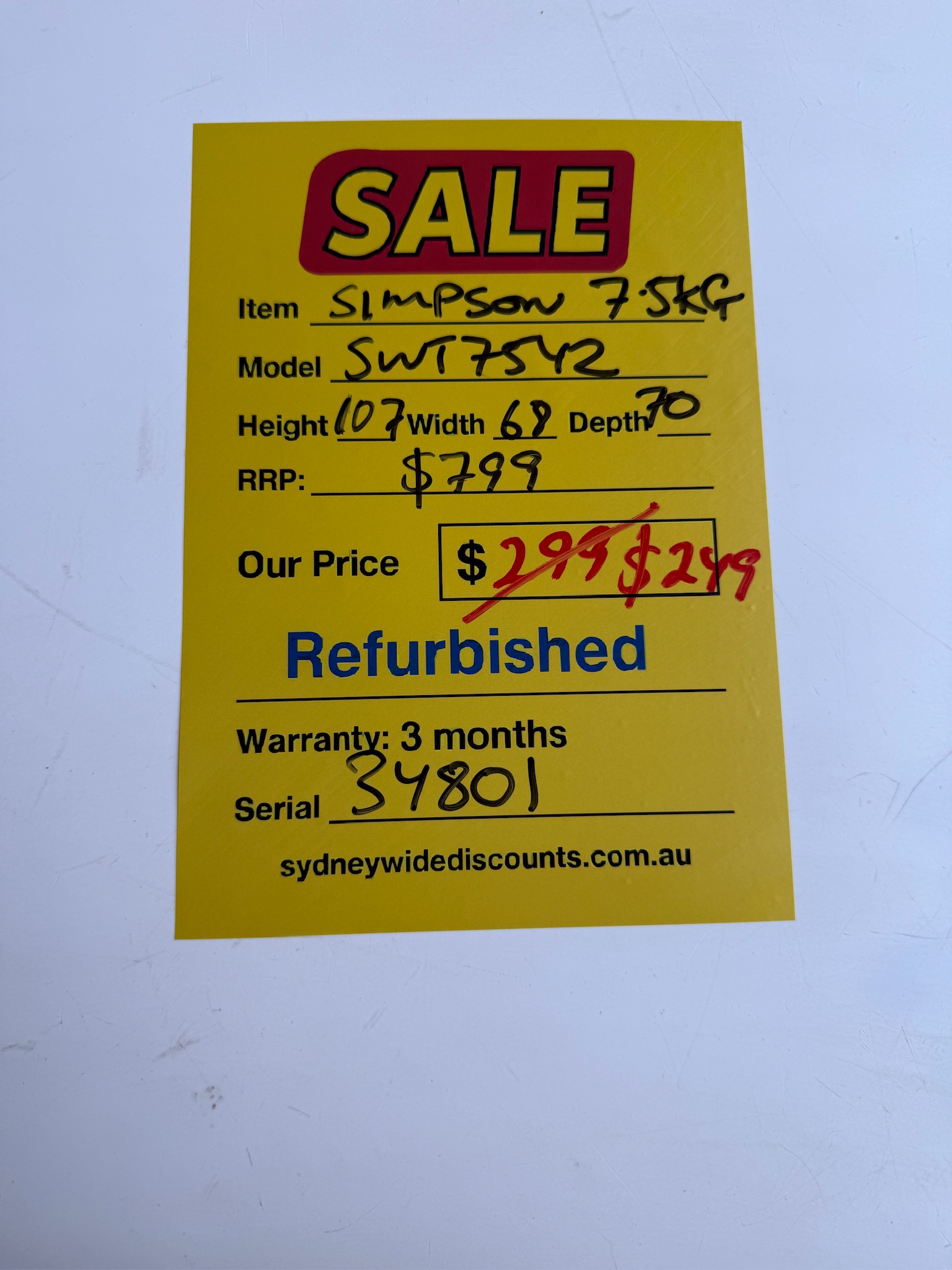 Simpson 7.5kg Top Load Washing Machine - Refurbished 34801 - Image 3