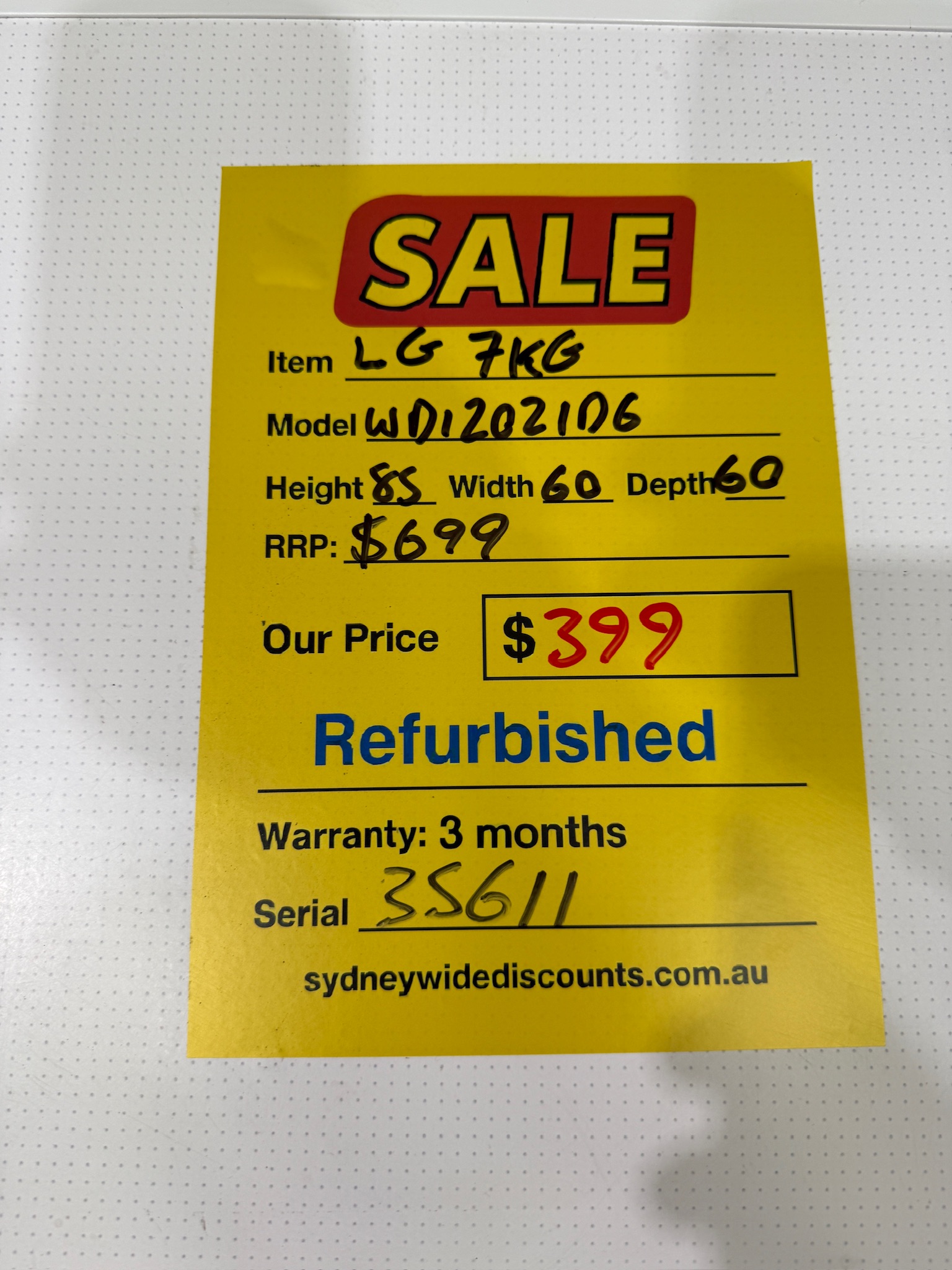 LG 7kg Front Load Washing Machine - Refurbished 35611 - Image 5