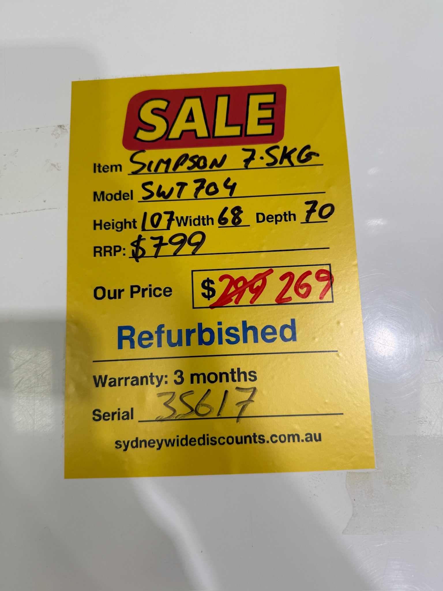 Simpson 7.5kg Top Load Washing Machine - Refurbished 35617 - Image 5
