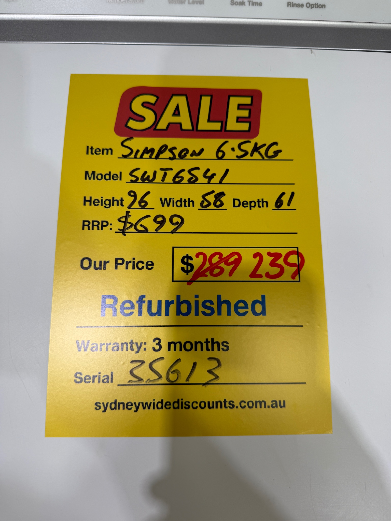 Simpson 6.5kg Top Load Washing Machine - Refurbished 35613 - Image 5