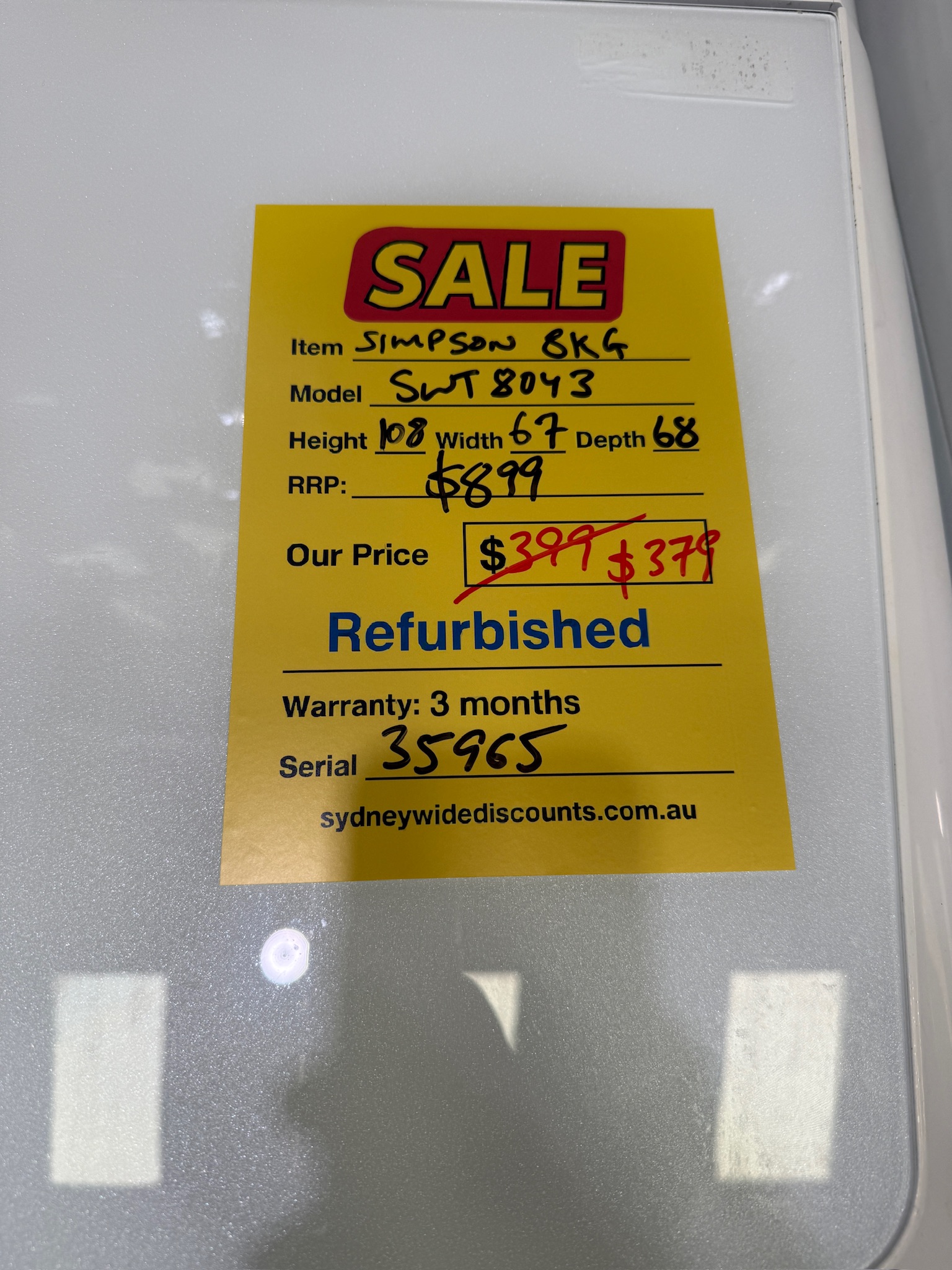 Simpson 8kg Top Load Washing Machine - Refurbished 35966 - Image 3