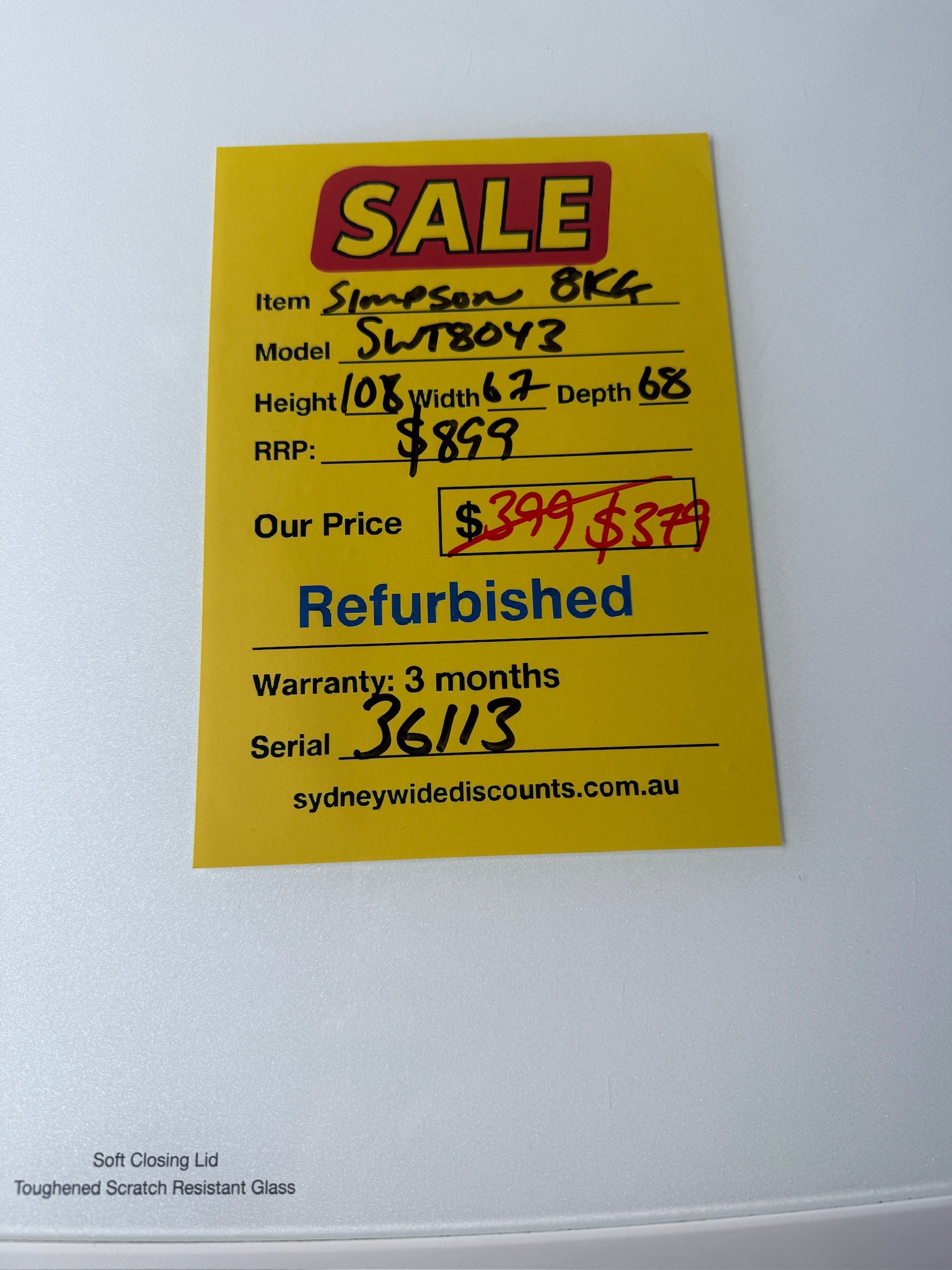 Simpson 8kg Top Load Washing Machine - Refurbished 36113 - Image 3