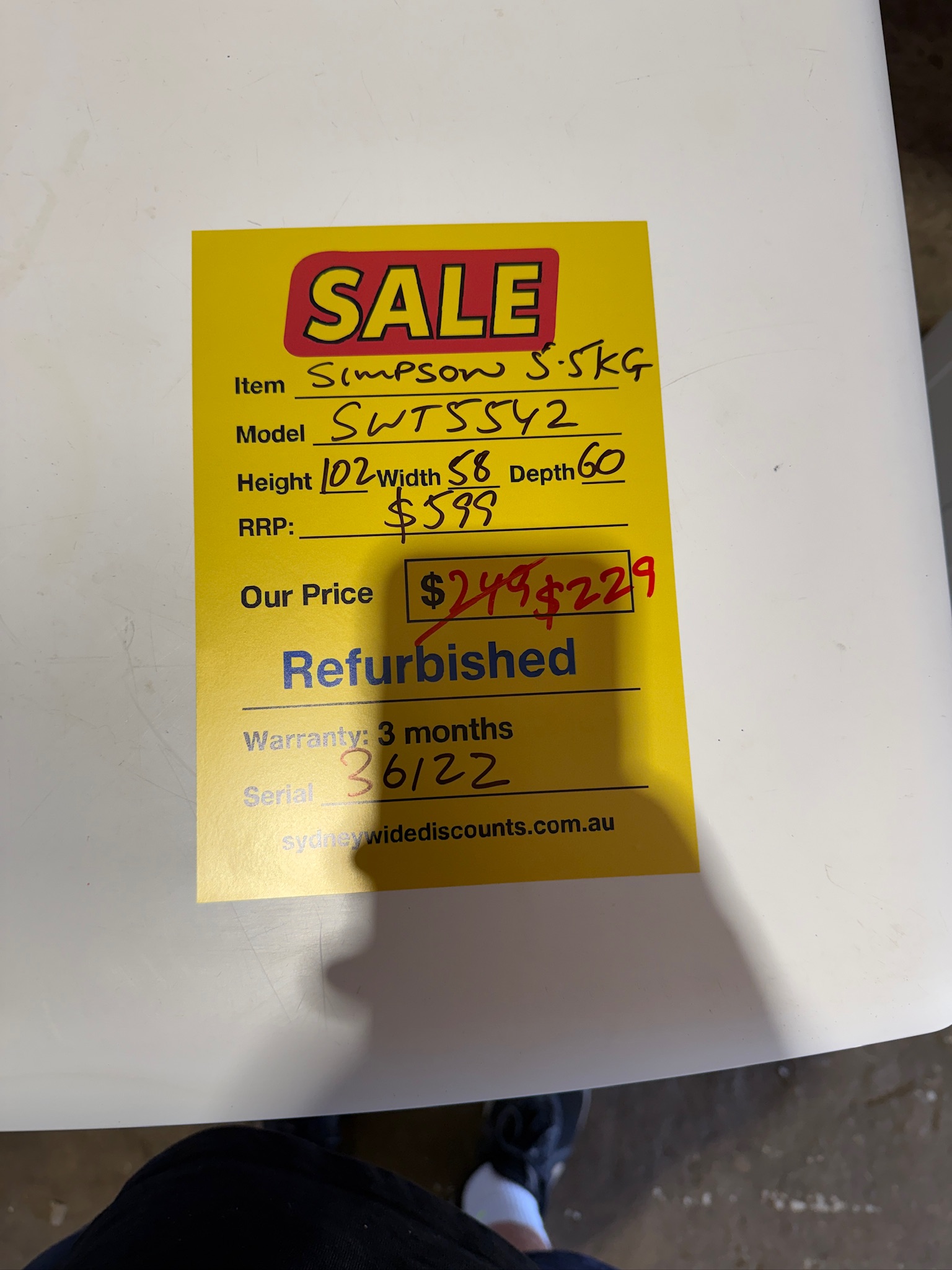 Simpson 5.5kg Top Load Washing Machine - Refurbished 36122 - Image 3