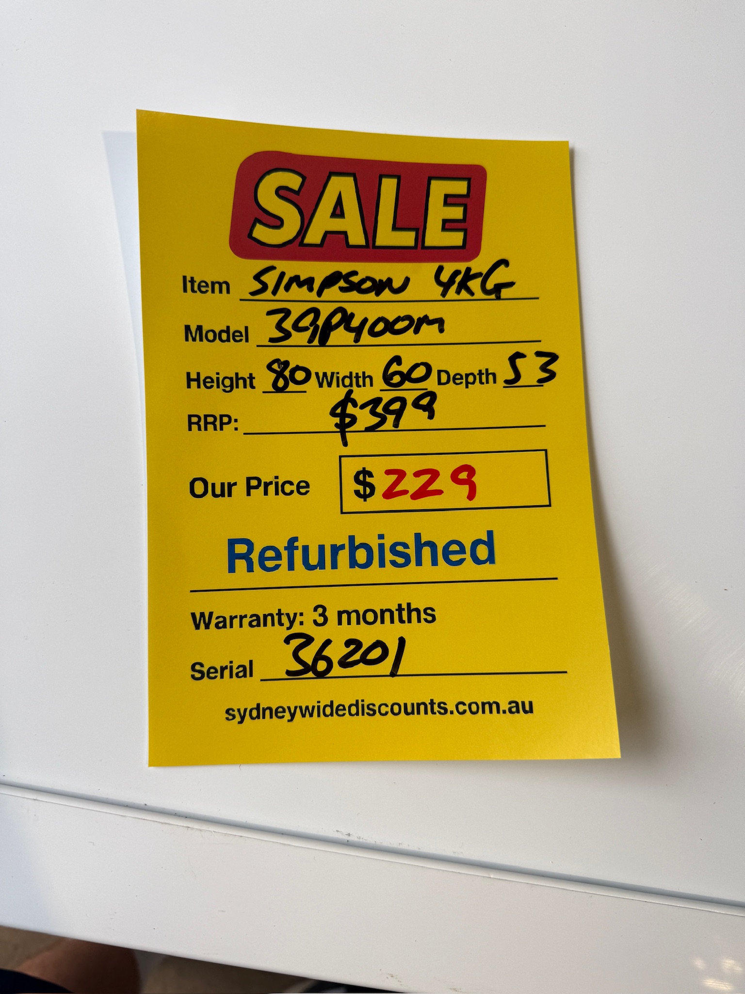 Simpson 4kg Vented Dryer - Refurbished 36201 - Image 3