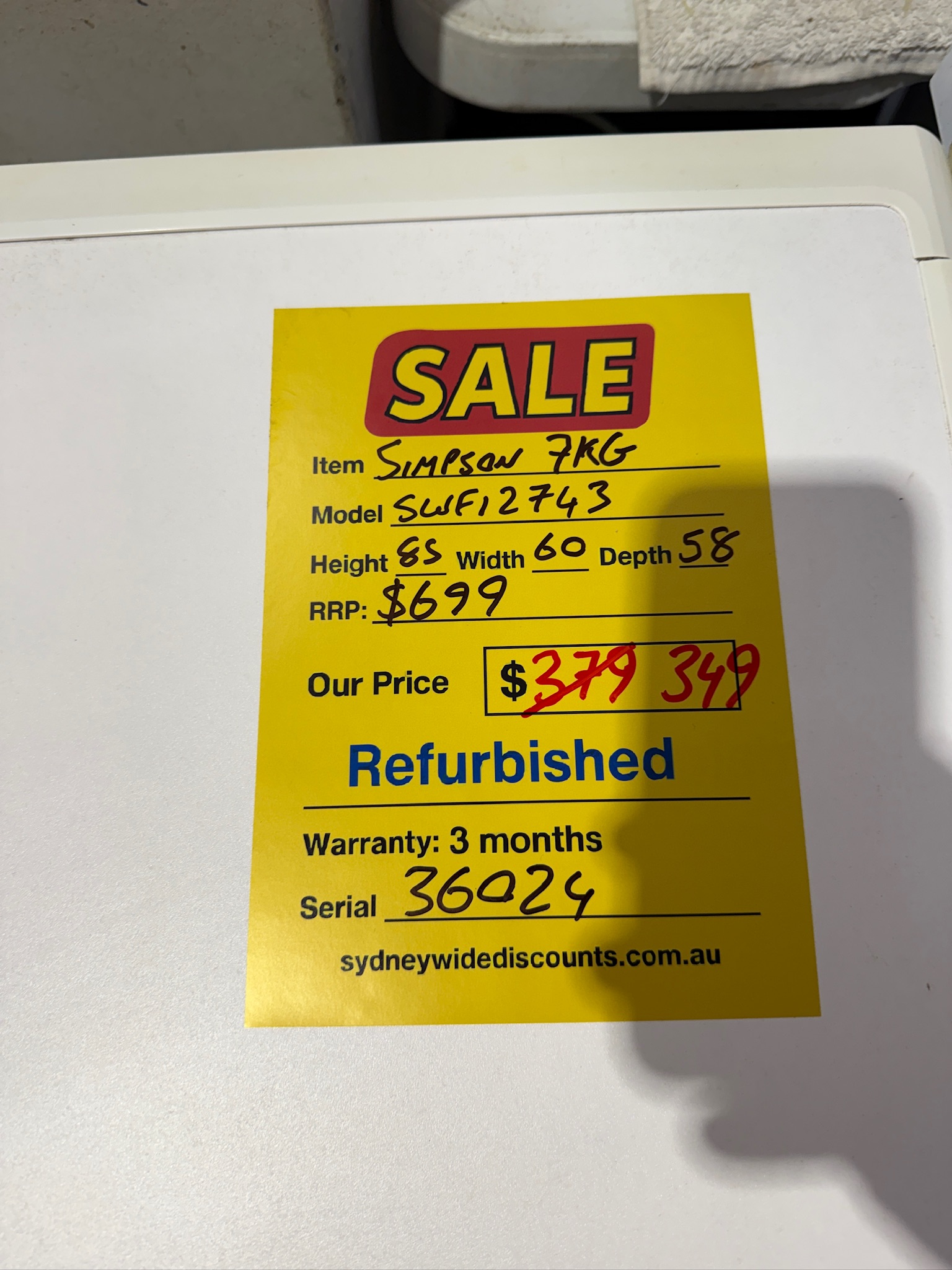 Simpson 7kg Front Load Washing Machine - Refurbished 36024 - Image 6