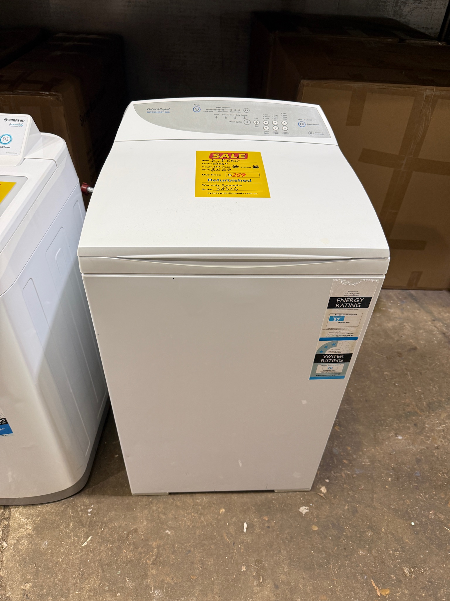 Fisher & Paykel 6kg Top Load Washing Machine - Refurbished 36514