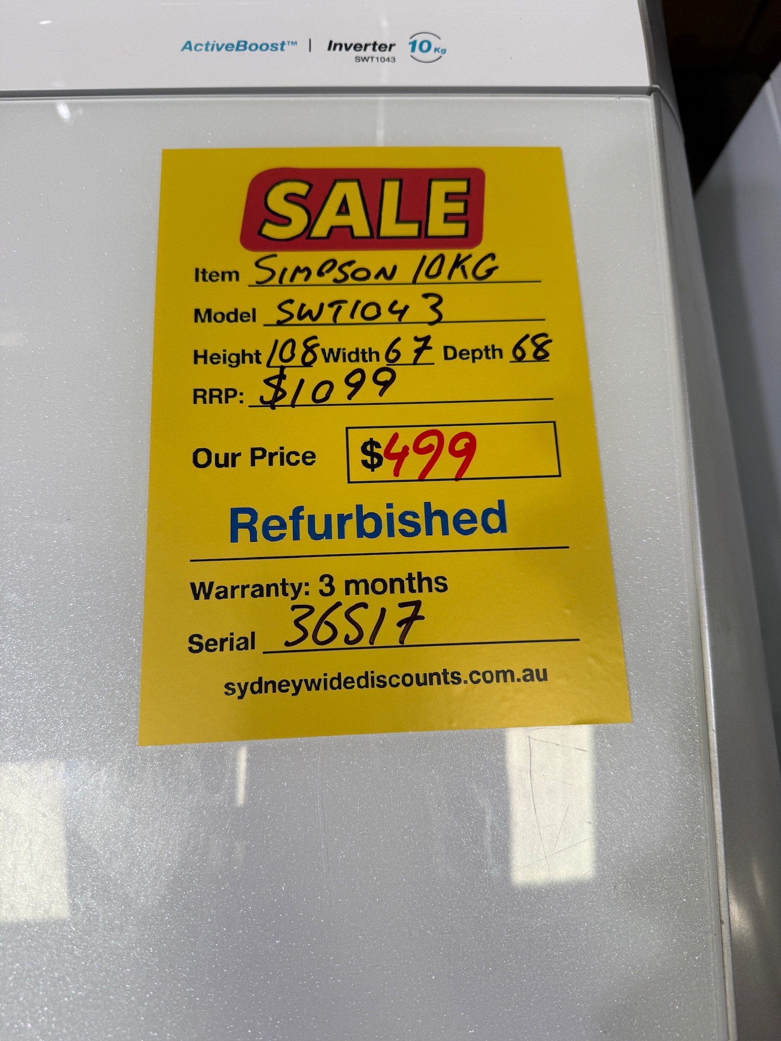 Simpson 10kg Top Load Washing Machine - Refurbished 36517 - Image 3