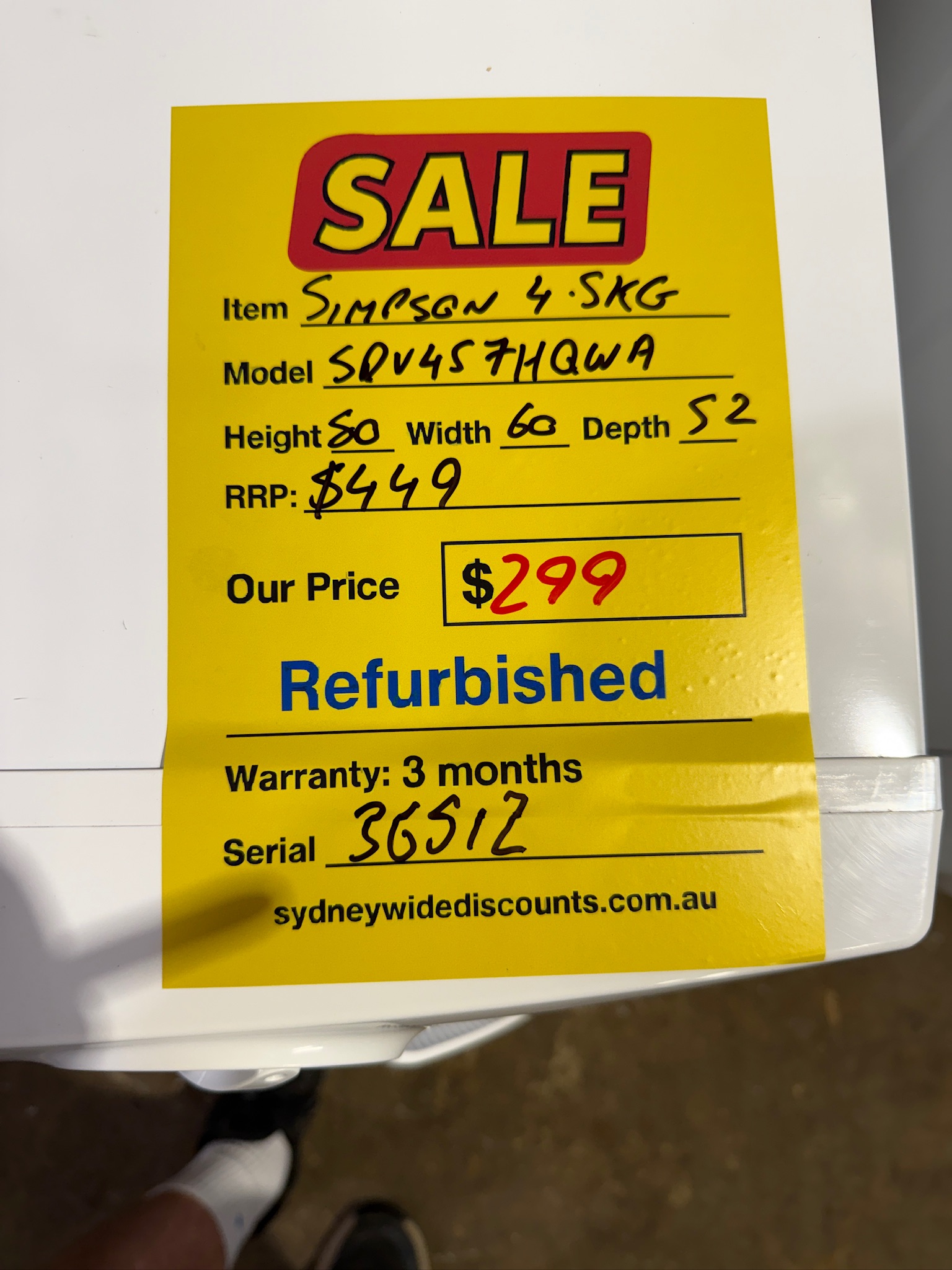 Simpson 4.5kg Vented Dryer - Refurbished 36512 - Image 3