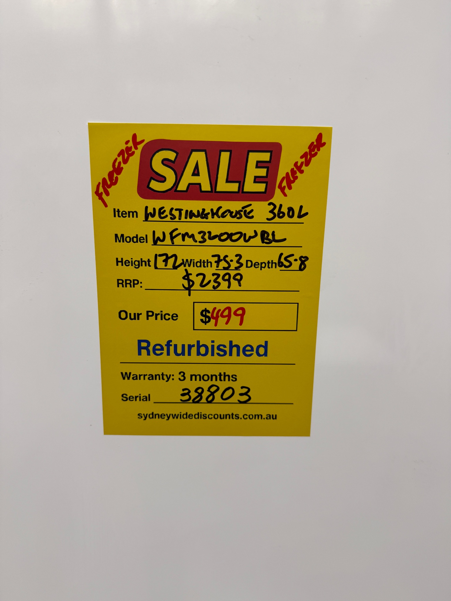 Westinghouse 360L White Upright Freezer - Refurbished 38803 - Image 6